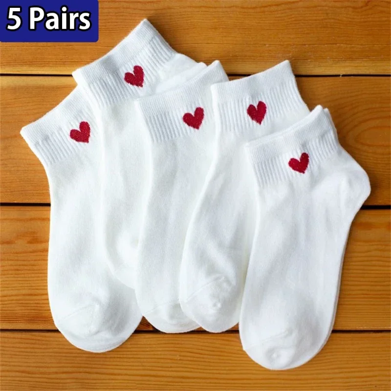 5 Pairs Lovely Heart Cotton Socks Women Summer Fas