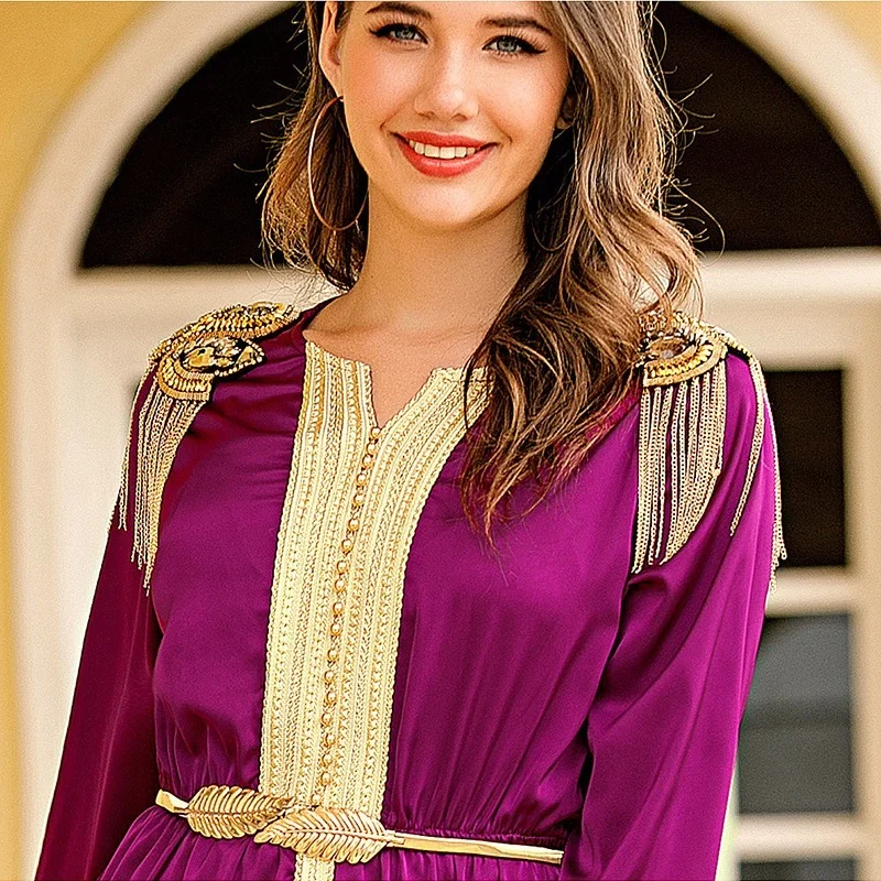 Rhinestone Moroccan Kaftan Long Dress Women Satin Vintage Fringe Epaulette Elegant Muslim Abaya Party Gown Dubai Islamic Caftan
