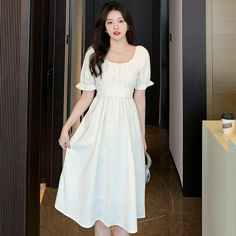 

Новинка лета 2023, женское однотонное платье с рукавами-фонариками, изящное, приталенное, бесплатная доставка