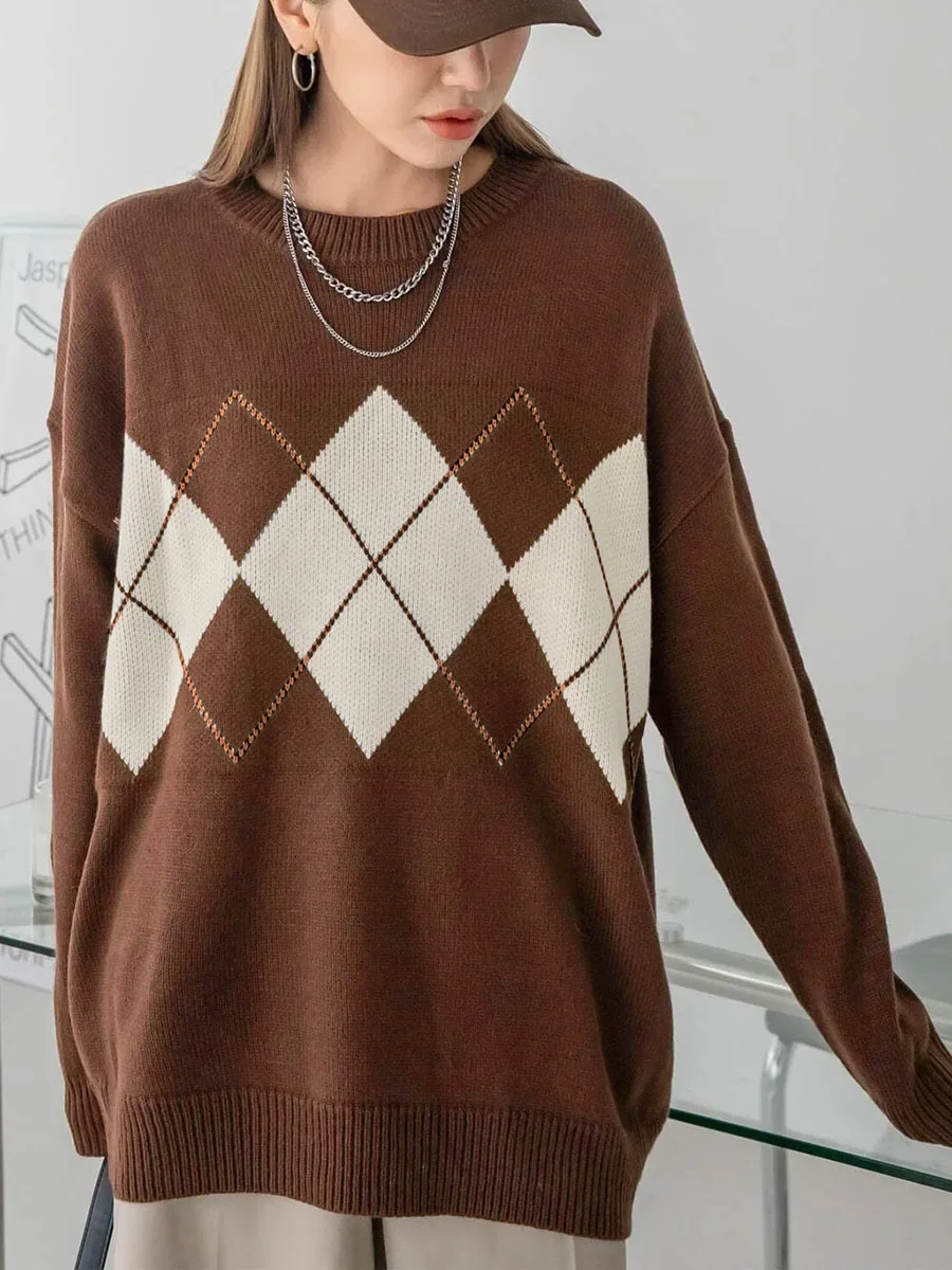 Вязаные свитера женские пуловеры оверсайз зимний свитер с узором ромбиками топы