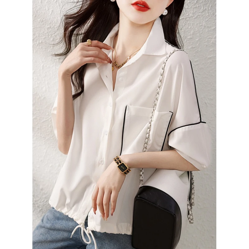 

Женская Однотонная рубашка с принтом, Повседневная Свободная блузка с коротким рукавом и отложным воротником, лето 2023