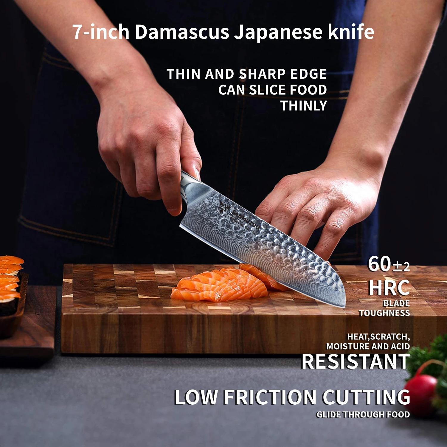 SANMUZUO 7-дюймовый нож сантоку-японский шеф-нож-ручка из дамасской стали и