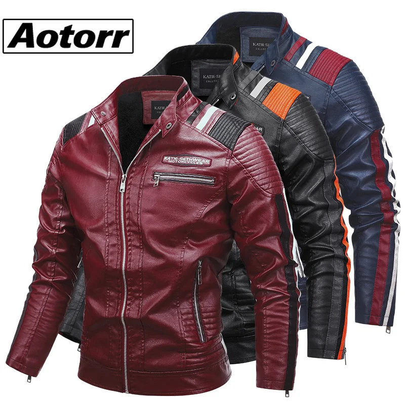 

New Men Zipper Leather Jacket Fashion Patchwork Motorcycle Outwear Stand Collar Slim Fit Bomber Jackets Casual Windbreaker Coat