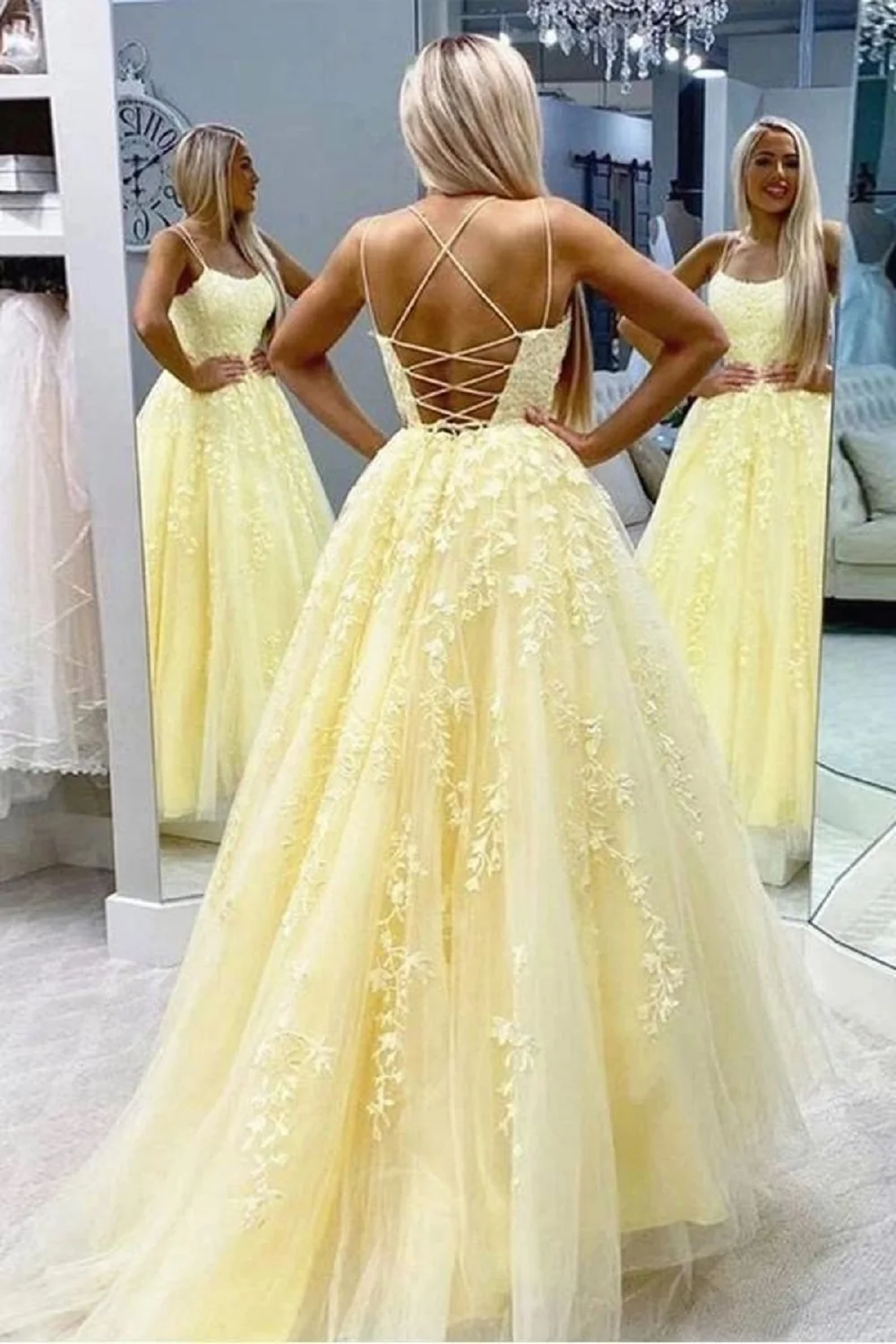 

Yellow Tulle A Line Evening Gown Vestidos De Graduation Spaghetti Strap Scoop Neck Formal Party Prom Dresses For Graduation