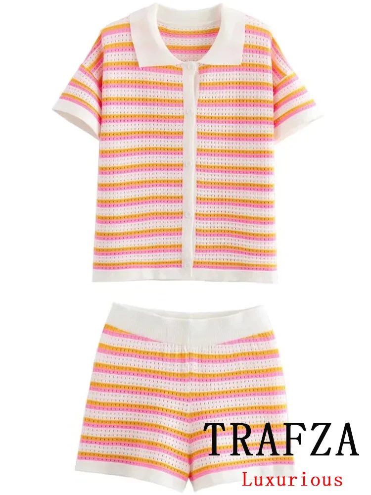 Женский винтажный костюм в полоску TRAFZA трикотажный топ с коротким рукавом и