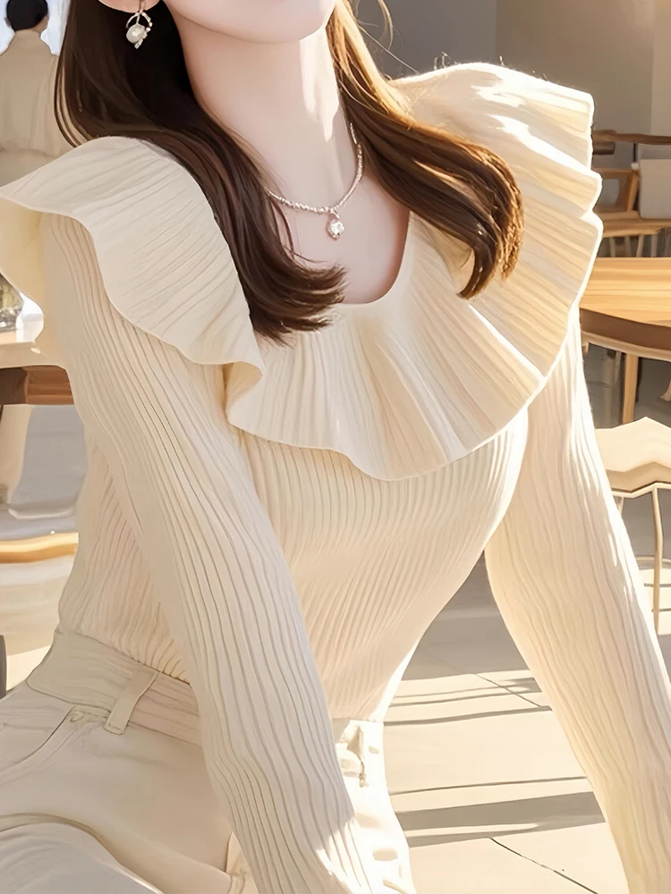 Женский свитер с оборками новинка 2024 осень и зима уникальный шикарный вязаный