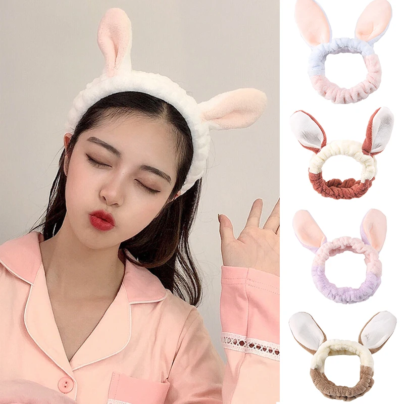 

Coral Fleece Animal Ears Headband Wash Face Makeup Elasti Hair Bands Long Rabbit Ears Turban Head Wrap Fashion Hair Accessories