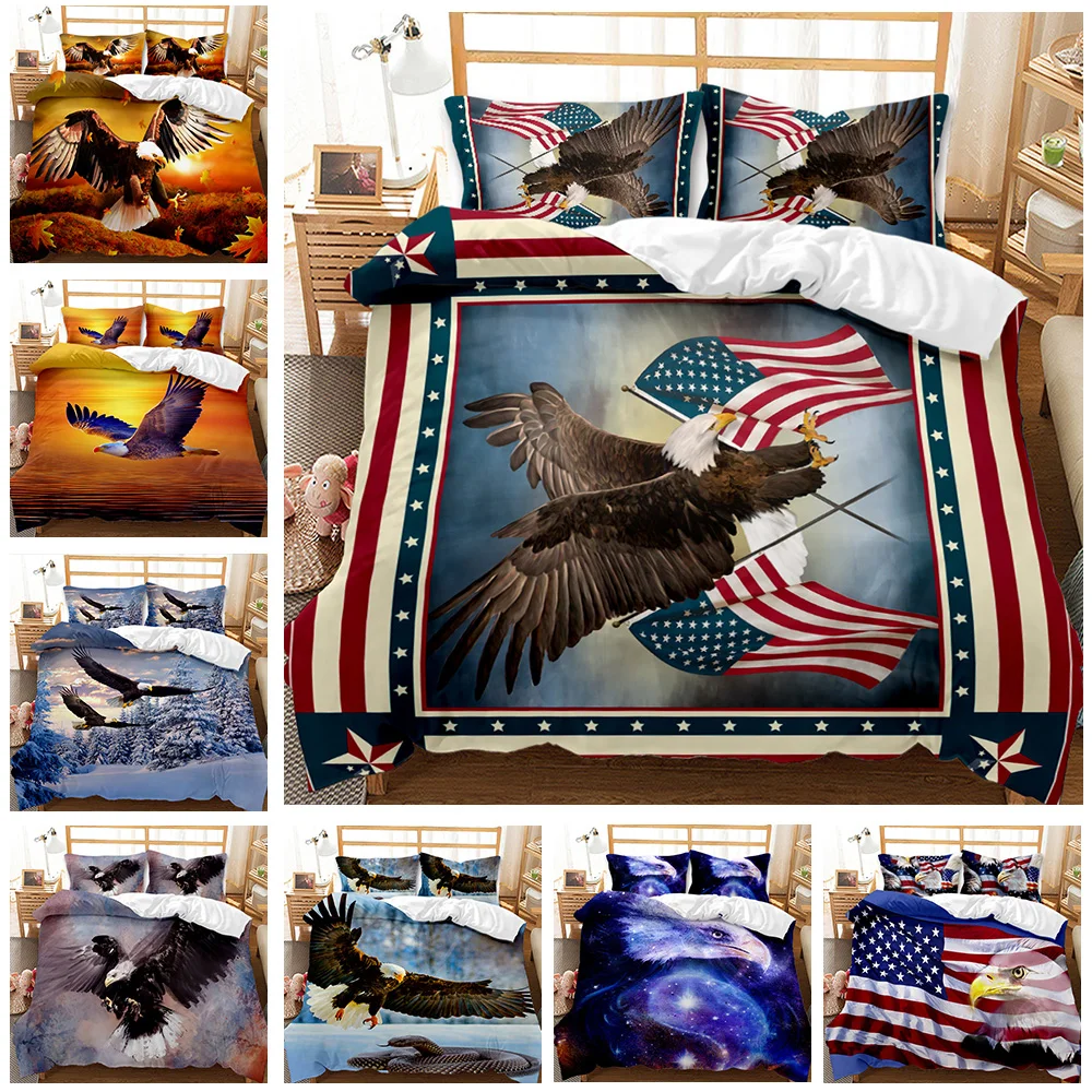 Eagle Duvet Cover Set Wildlife Eagle Patriot United States Flag Comforter Cover for Kids Teen Boys Animal Theme Twin Quilt Cover