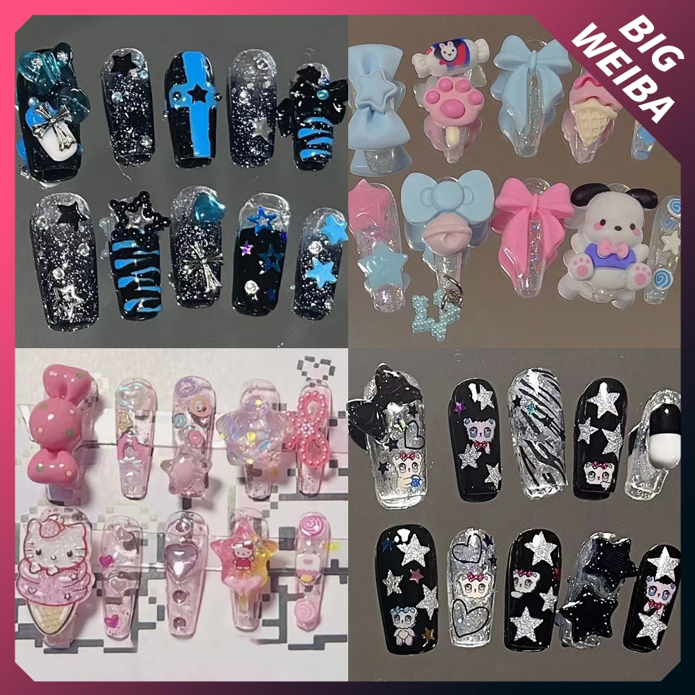 

Kawaii Hello Kitty Stars Nails Mymelody Kuromi Cinnamoroll Nail Long Coffin Cute 3D High-End Nail Tips Girls Gift Accessories