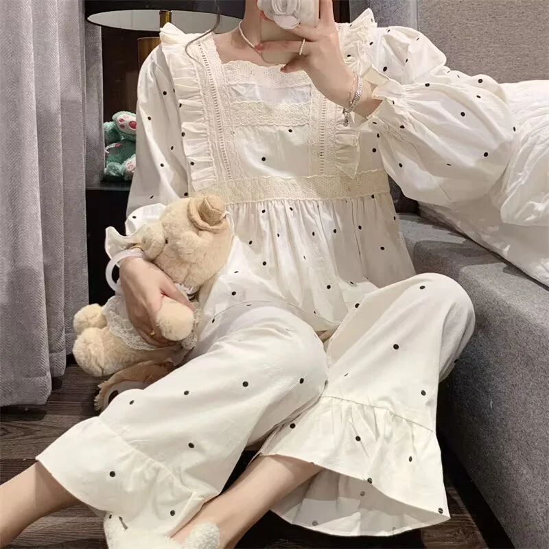 Lace Bow Pajamas Set Full Sleeve T-shirt Long Pants 2Piece/Set Sexy Soft Princess Pyjama Big Size Homewear Cozy Plus Sleepwear