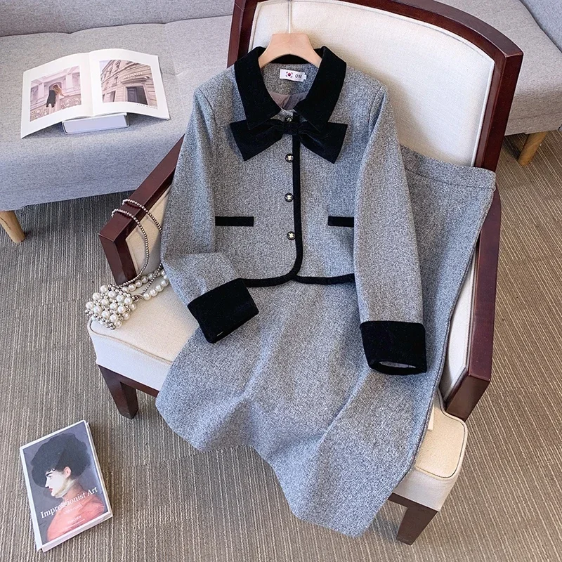 Реальный снимок элегантный классический костюм с бантом женский осенне-зимний