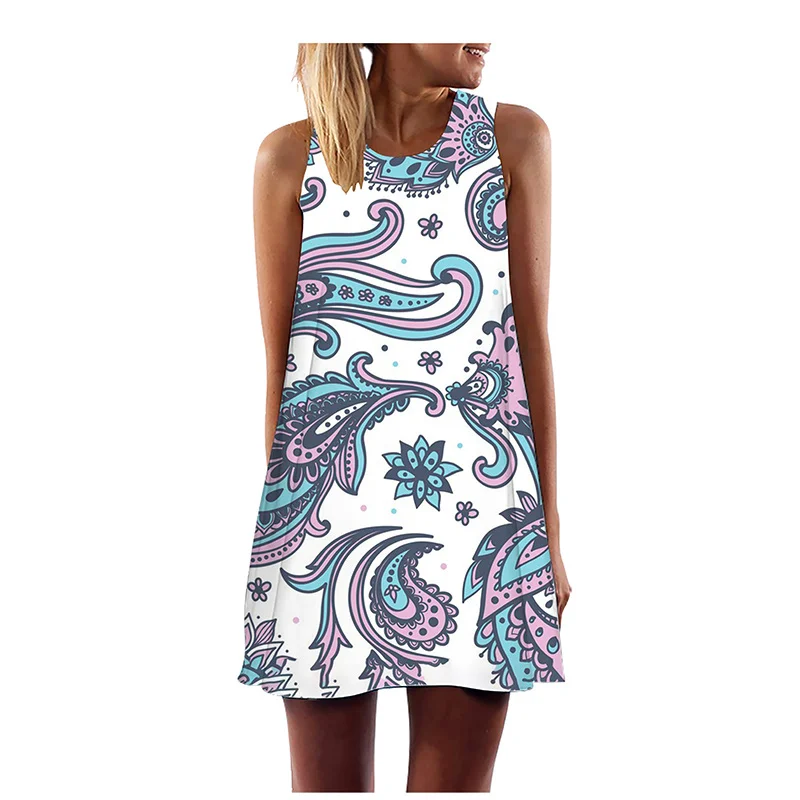 

2023 Casual O-neck Sleeveless A-Line Miniskirt Women Tank Dress Summer Loose Off Shoulder Vintage Print Bohemia Dresses Woman