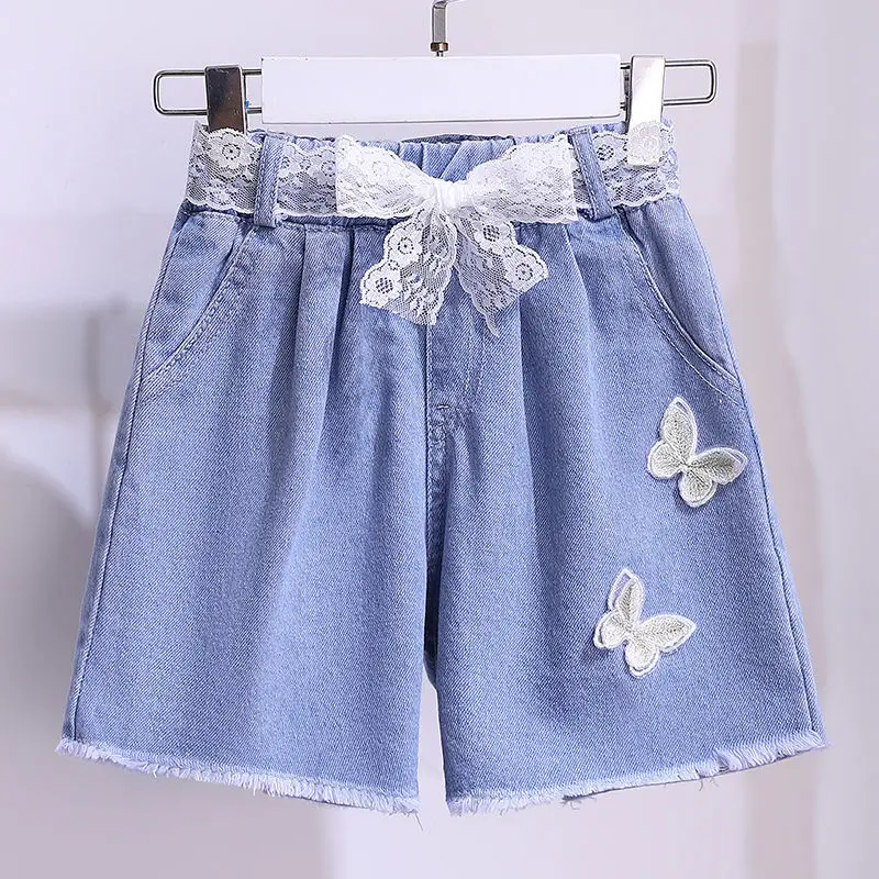

Детские джинсовые шорты с аппликацией бабочки для девочек, Новое поступление 2022, детские летние повседневные джинсовые шорты с кружевом дл...