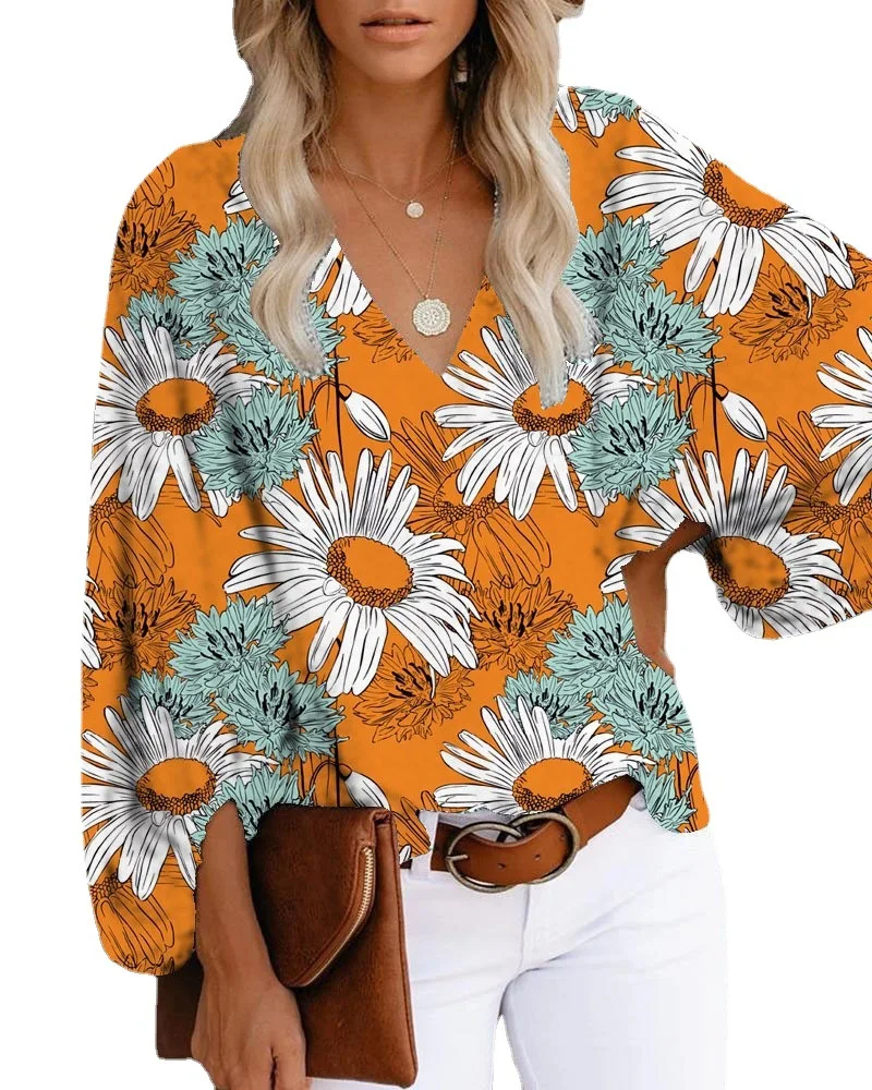 

Summer Women's Tops Fashion New V-neck Shirt Printed Lantern Sleeve Tops Trendy Street Style Casual Long-sleeved T-shirt Female
