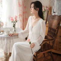 fairy white long night dress women spring summer sexy lace mesh sleeve peignoir victorian vintage nightgowns princess sleepwear