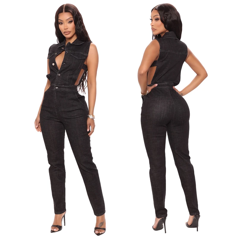 Комбинезон джинсовый женский облегающий без рукавов пикантный хлопковый