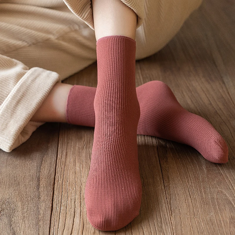 Fashion Solid Color Autumn Winter New Cotton Men Women Vertical Strips Middle Tube Socks Unisex Velvet Thick Warm Socks
