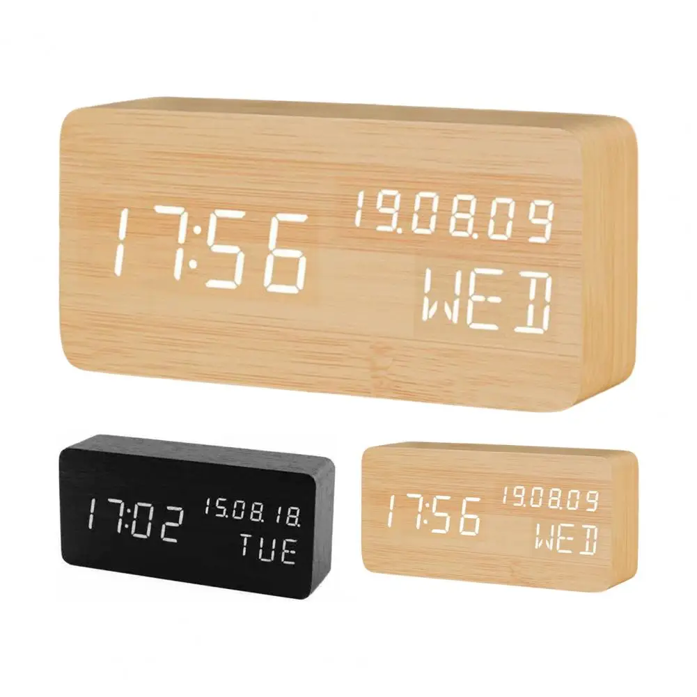 

Alarm Clock Voice Control Simple Operation Easy to Read Large Numbers Mute Wake Up Function Wood LED Digital Table Clock for Chi