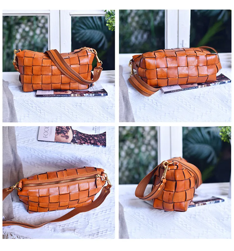 Designer luxury natural genuine leather woven women's crossbody bag outdoor casual high quality real cowhide female shoulder bag