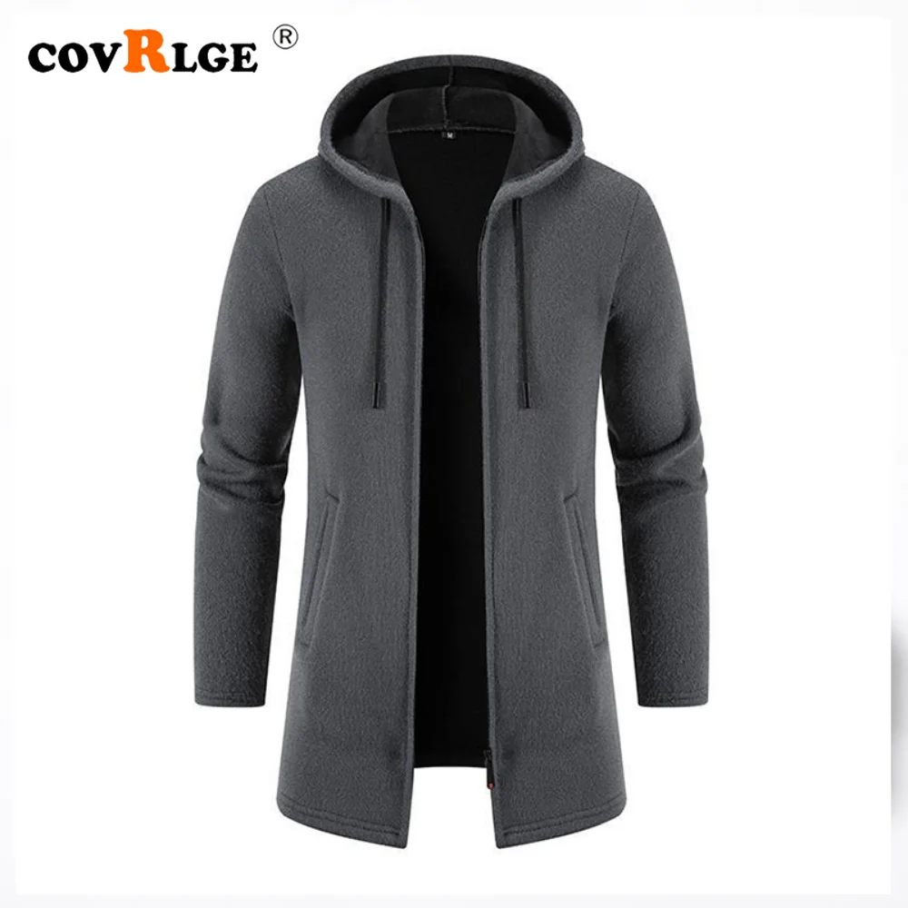 

Длинный вязаный кардиган Covrlge, Мужское пальто на осень и зиму, мужской однотонный индивидуальный бархатный утепленный свитер с капюшоном, мужской свитер MWK082