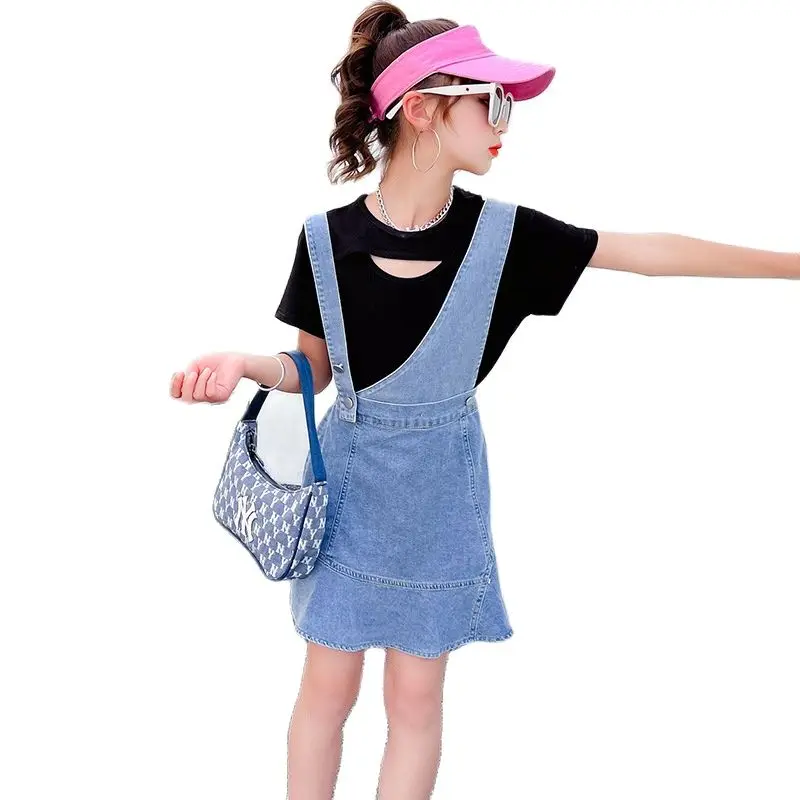

New Fashion Children Clothes Suit Girls Clothing Overall Sets Kids Summer Short Sleeve T-Shirt + Suspender Skirt 2 Pcs 7-14yes