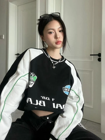 Long Sleeve Sweatshirts Spring Autumn Casual Loose Patchwork Print Y2k Clothes Punk Gothic Contrast Color Streetwear Crop Tops