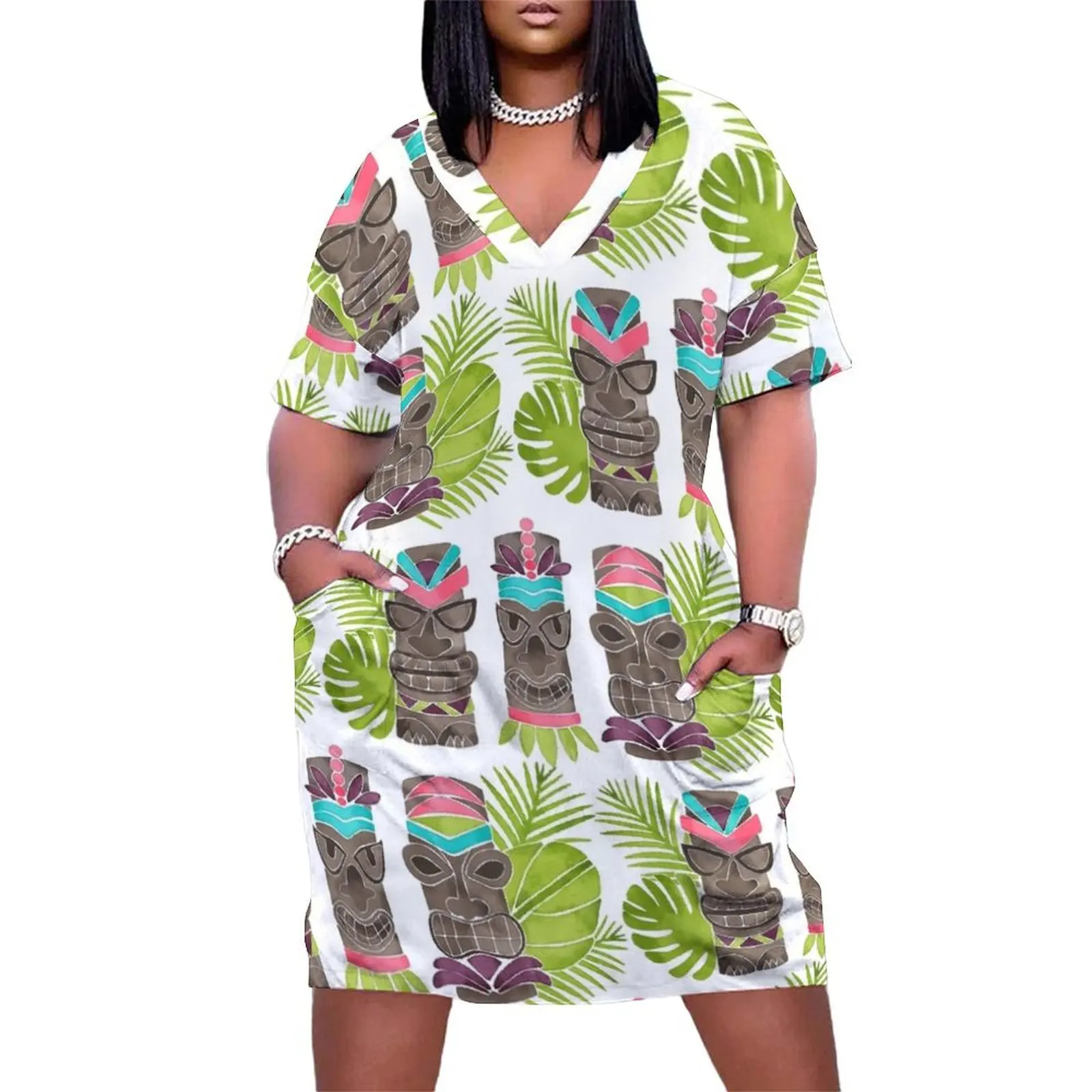 Tiki Party Watercolor - Розовое фиолетовое и бирюзовое Палитра Свободное платье с