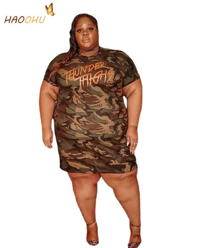 HAOOHU Women Clothing Dress Plus Size 2023 Autumn Camouflage Straight Dress Office Commute Urban Casual Mid-Length T-Shirt Dress