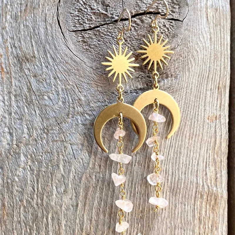 

New BOHO Crystal Earrings Birthstone Earrings Rose Quartz Moonstone Peridot Raw Crystal Black Tourmaline Women Gift Wholesale