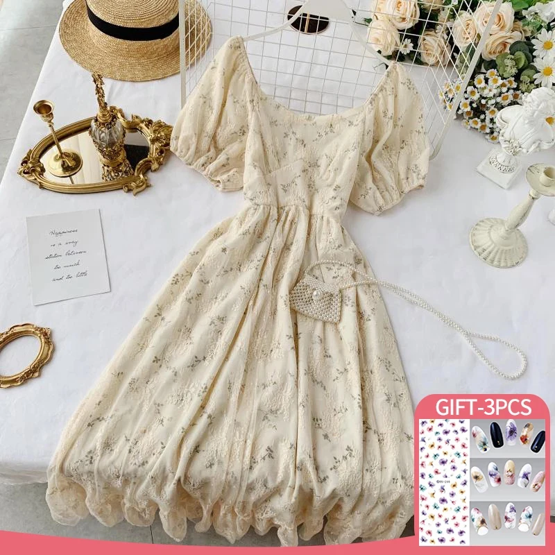 

Женское винтажное шифоновое платье, повседневное элегантное платье во французском стиле с цветочным принтом и коротким рукавом-фонариком, ...