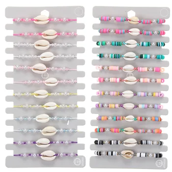 12Pcs Women Pearl Soft Ceramic Beads Shell Charm Bracelet & Bangle for Kid Adjustable Handwoven Yoga Beaded Summer Beach Jewelry