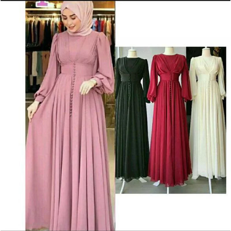 2022 Middle East Muslim Womens Long Dress Solid Color Large Size Chiffon Studded A-line Abayas for Women Islamic Clothing