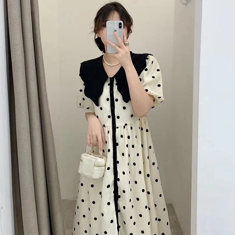 

Korean Chic Summer Beach Elegant Contrast Color Large Lapel Wave Point Close Waist Thin Bubble Sleeve Dress Long Sundresses