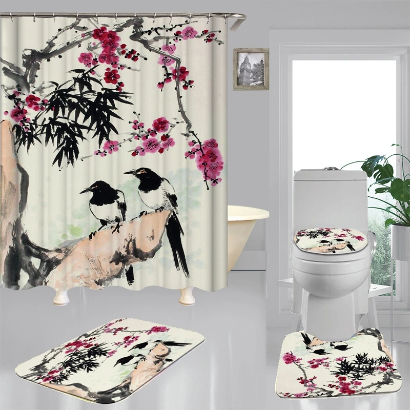 

Waterproof Flower Bird Bathing Shower Curtain Set 12 Hooks Toilet Seat Covers Bath Mat 45*75cm Nonslip Rug Bathroom Accessories