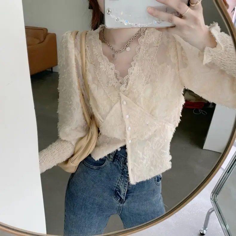 Весенняя новая женская мода в западном стиле сексуальная блузка с кружевной