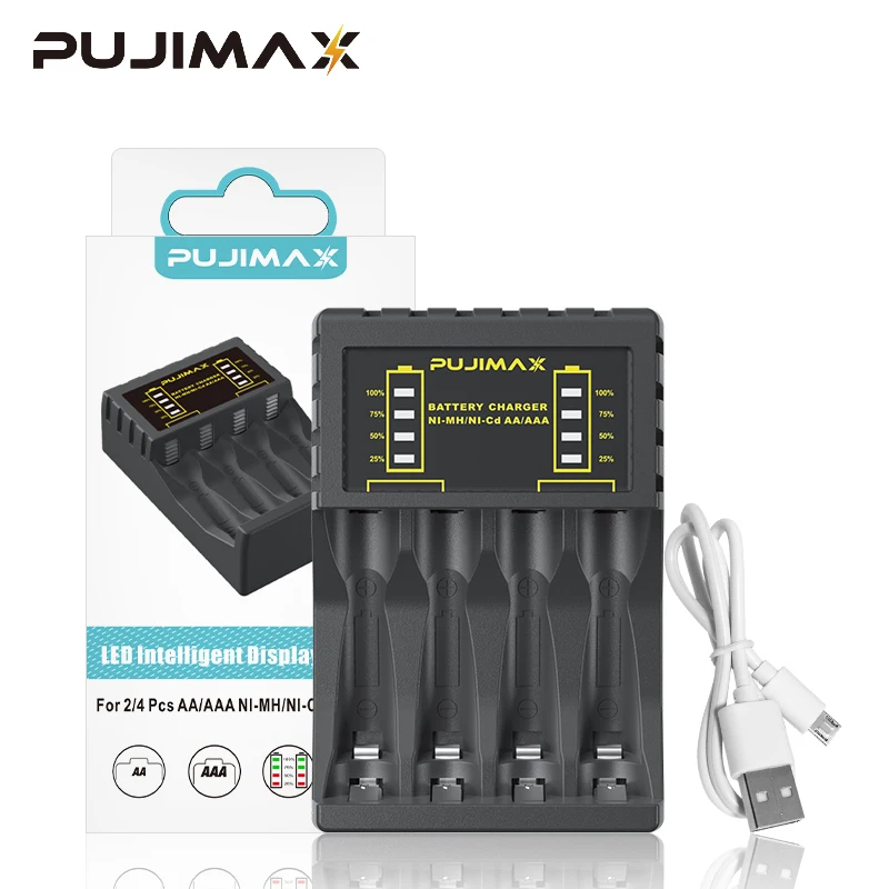 

PUJIMAX 4 Slots Electric Battery Charger Intelligent Fast LED Indicator USB Charger For AA/AAA Ni-MH/Ni-Cd Rechargeable Battery