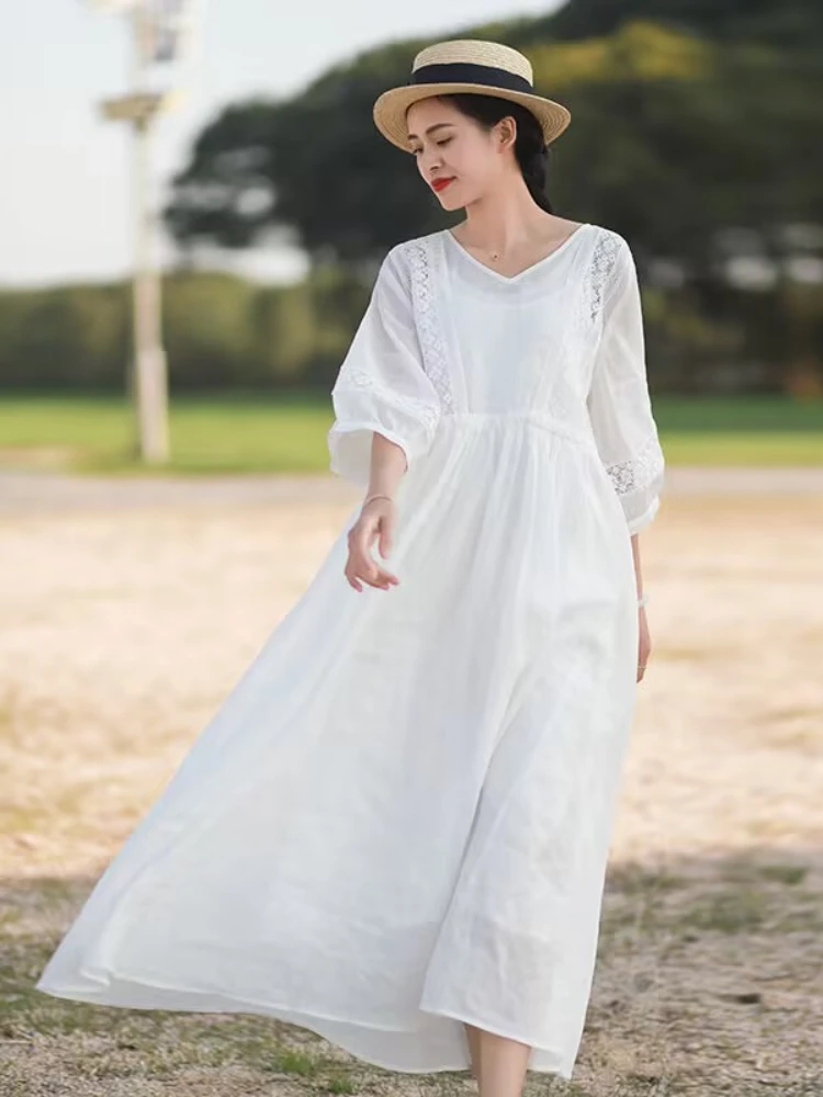 

Dress for Women 2023 New Summer Solid Color Lantern Sleeve Lace-up Vintage Dress Loose V-Neck Robe Korean Fashion Streetwear