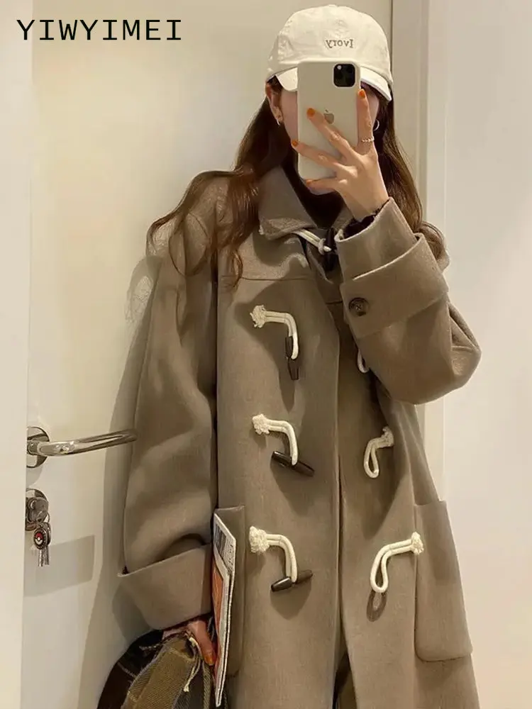 

College Style Japanese Lovely Woolen Coat Medium Length Ox Horn Buckle Student JK Coat Camel Winter Coat 2022 Autumn Winter New