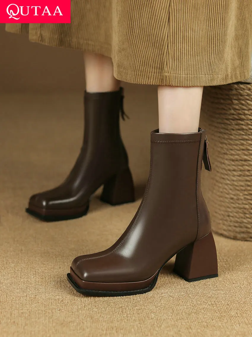 

QUTAA/Коллекция 2023 года; Женские ботильоны из натуральной кожи; Офисная Женская обувь с квадратным носком на высоком квадратном каблуке; Женск...