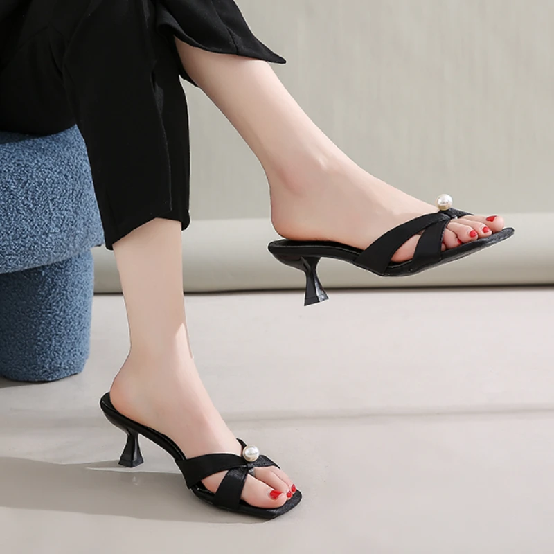 New Women's High Heel Sandals Square Toe Exotic Heel Women's Shoes Summer Chic Ins Style Shoes Black Casual Shoes Size 35-40