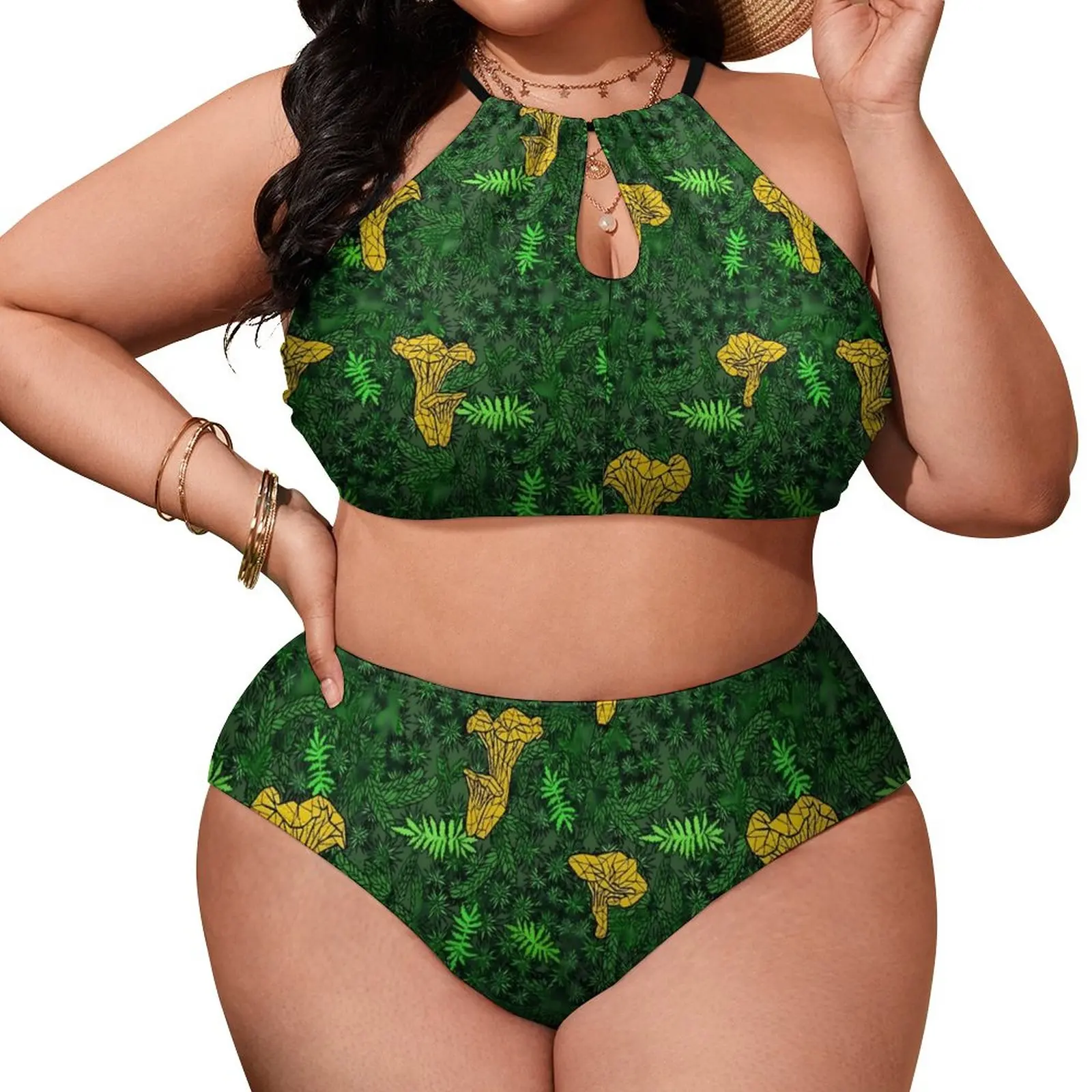 

Chanterelle Moss Bikinis Set Green Leaf Print Bikini Swimsuit Push Up Trendy Swimwear High Cut Design Bathing Suit Beach Outfits