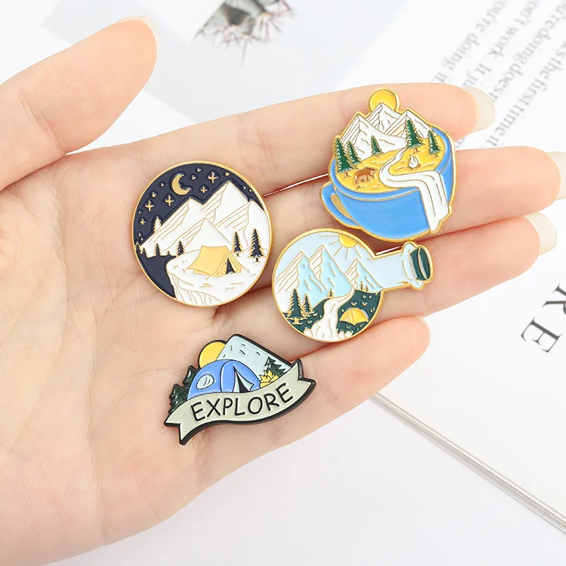 Outdoor Camping Natural Scenery Series Metal Enamel Brooch Small Fresh Stars Sea Mountains And Rivers Sun Moon Badge Pin Jewelry images - 6