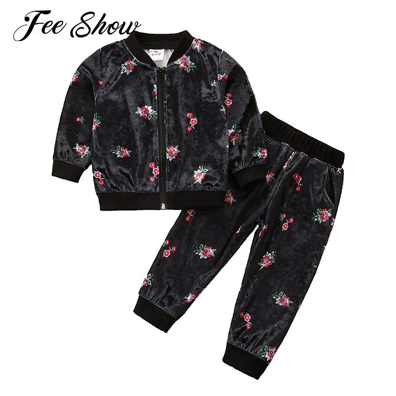 

Kids Girls Casual Two-piece Sets Tracksuits Floral Print Velvet Outfit Outdoor Zipper Long Sleeve Jacket Elastic Waistband Pants