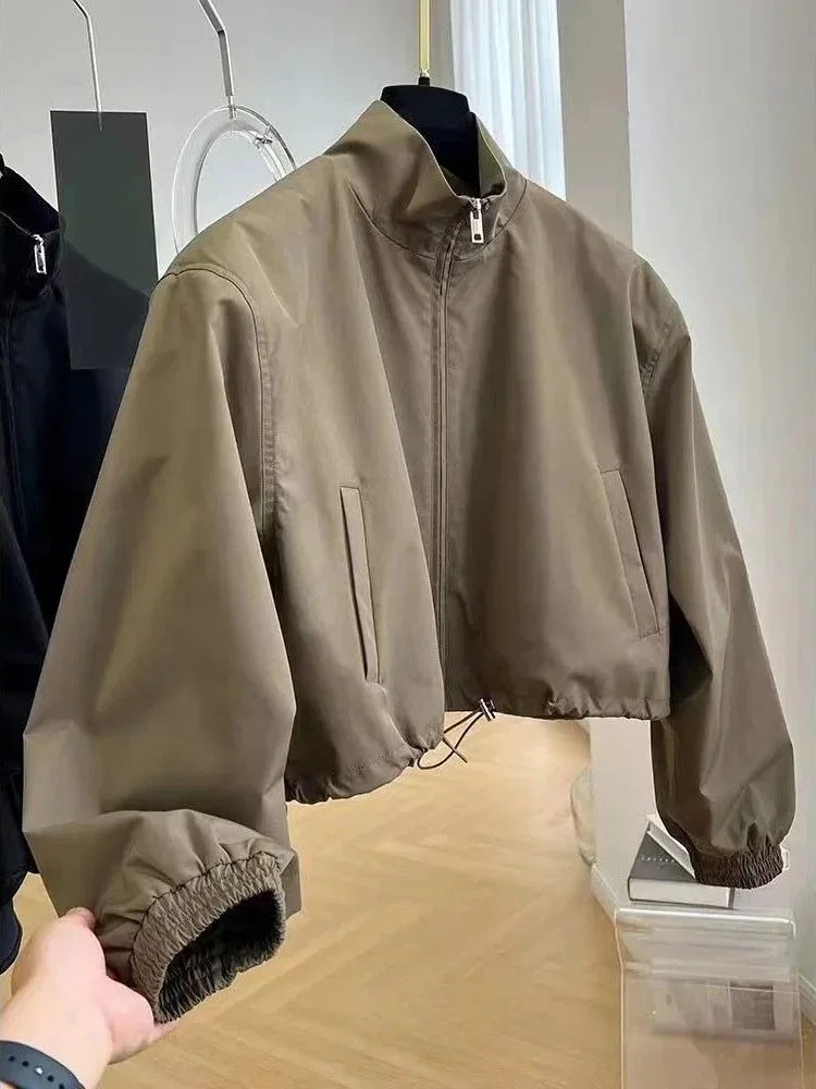 

Women Drawstring Oversized Jackets Stand Up Collar Baggy Popular Coats Female Koren Fashion Zip Up Autumn Winter Jackets Outwear