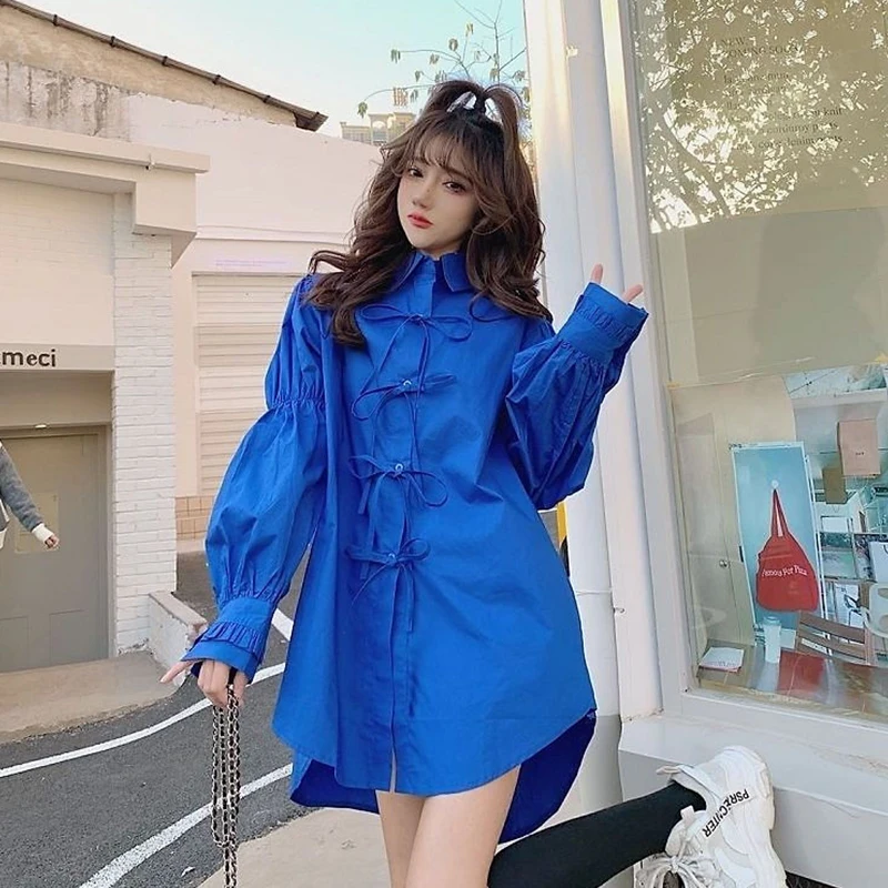 

Модная элегантная Офисная Женская рубашка Klein, синяя бандажная рубашка с бантом, шикарная дизайнерская рубашка, Корейская свободная Однотонная рубашка