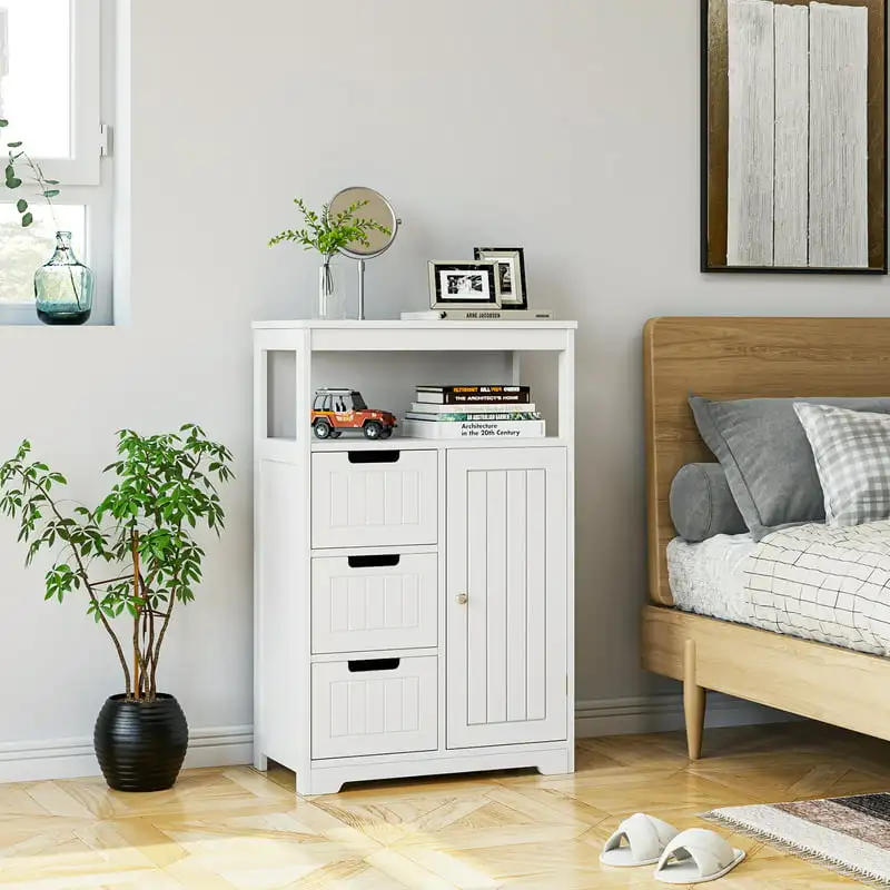 

Floor Cabinet with 3 Drawer and 1 Cupboard, Wooden Free Standing Storage Cabinet Corner Organizer Unit Dresser, White