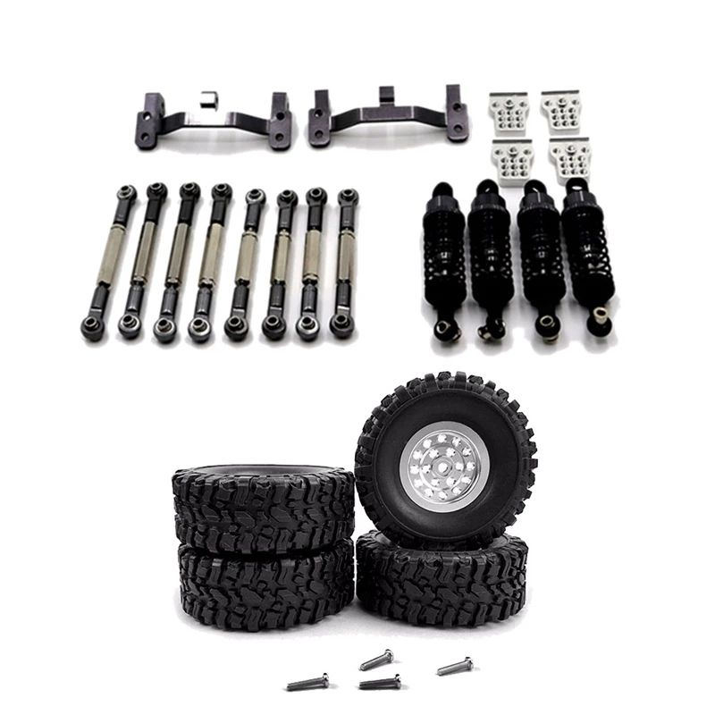 

2 Set RC Car Part: 1 Set Metal Pull Rod Tie Rod Pull Rod Base Shock Absorber & 1 Set Metal Wheel Rim Tyre Tires Set