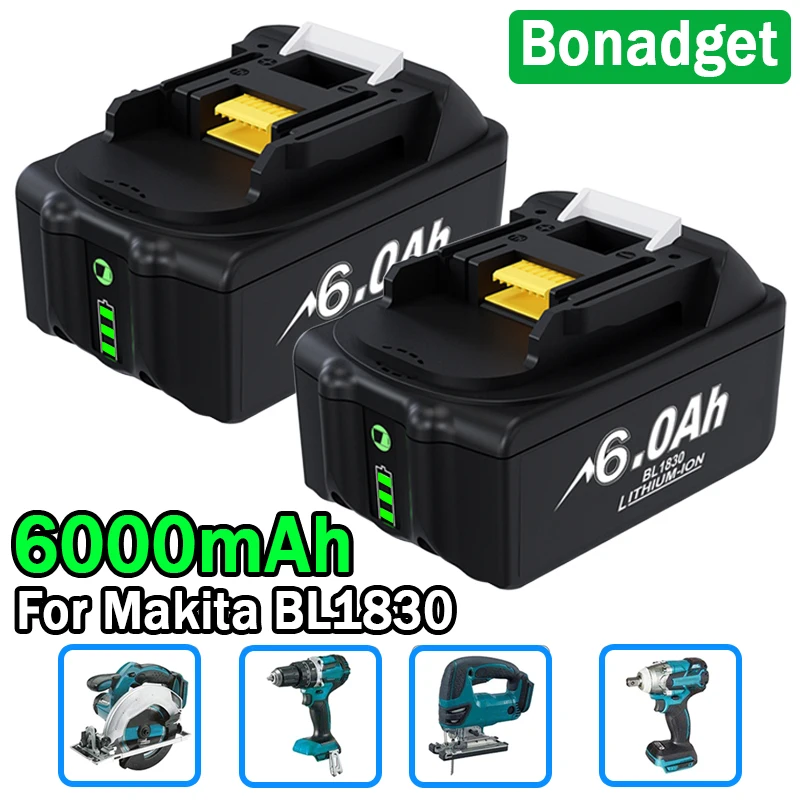 

Bonadget Rechargeable 18V 6000mAh Li-Ion Battery For Makita BL1830 BL1815 BL1860 BL1840 194205-3 Replacement Power Tools Battery