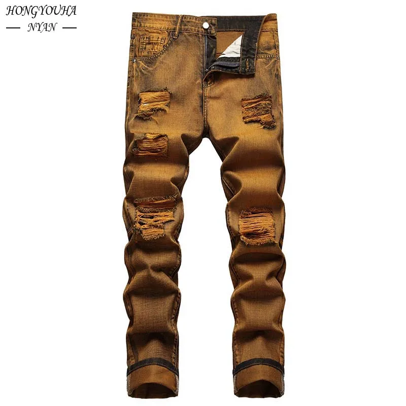 Streetwear Knee Ripped Stretch Jeans for Men Yellow Fashion Destroyed Hole Pants Male Solid Color Casual Denim Trousers 2022 New