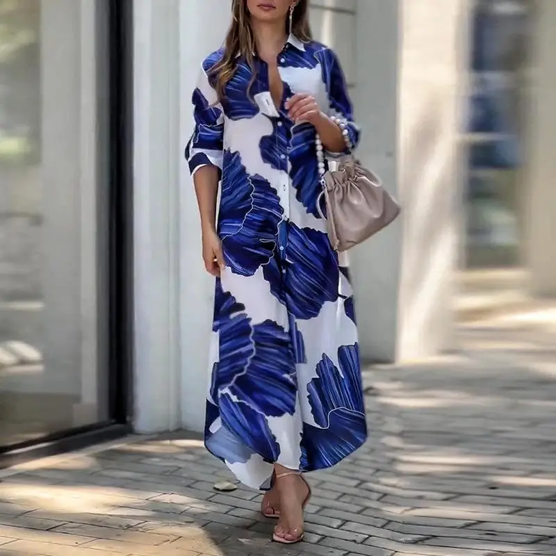 

Mandylandy Women Elegant Autumn Floral Print Loose Bohemian Dress Fashion Long Sleeve Turn Down Collar Single Breasted Dress